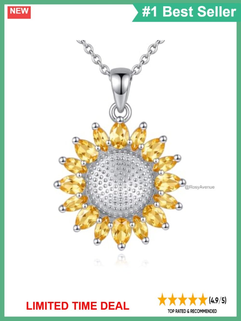 925 Sterling Silver Sunflower Pendant Necklace with Natural Citrine for Women